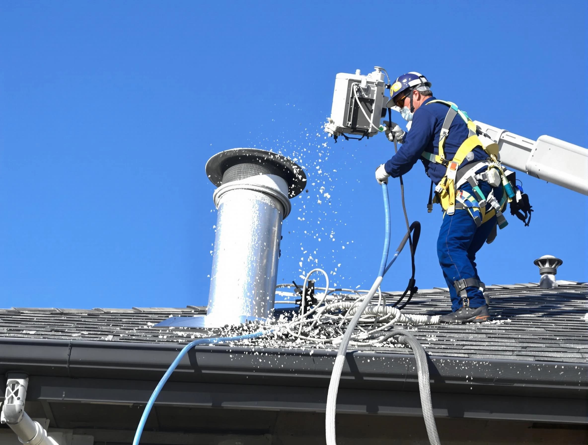 Syracuse Dryer Vent Cleaning certified technician safely cleaning a roof-mounted dryer vent in Syracuse