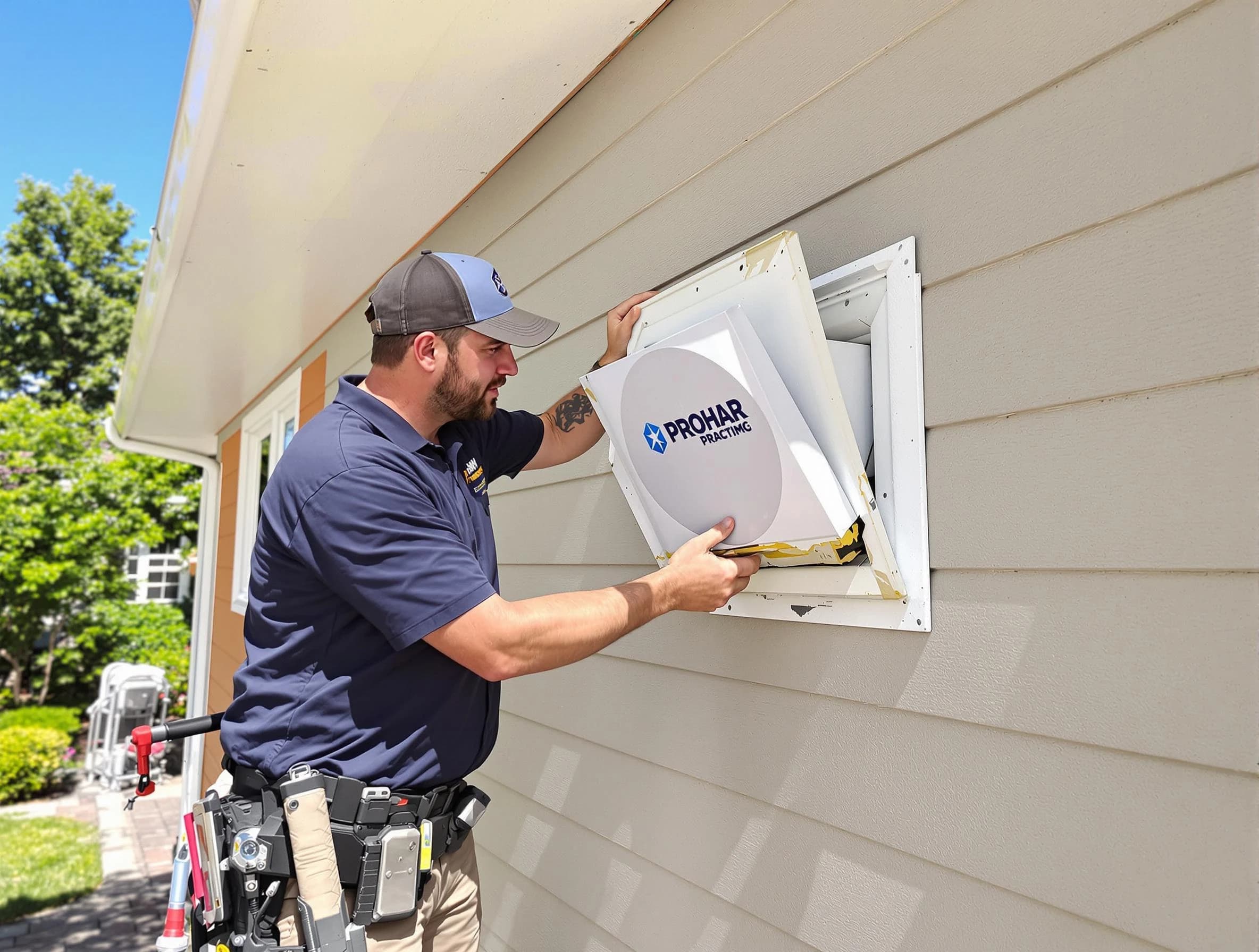 Syracuse Dryer Vent Cleaning technician installing a new protective dryer vent cover on a home in Syracuse