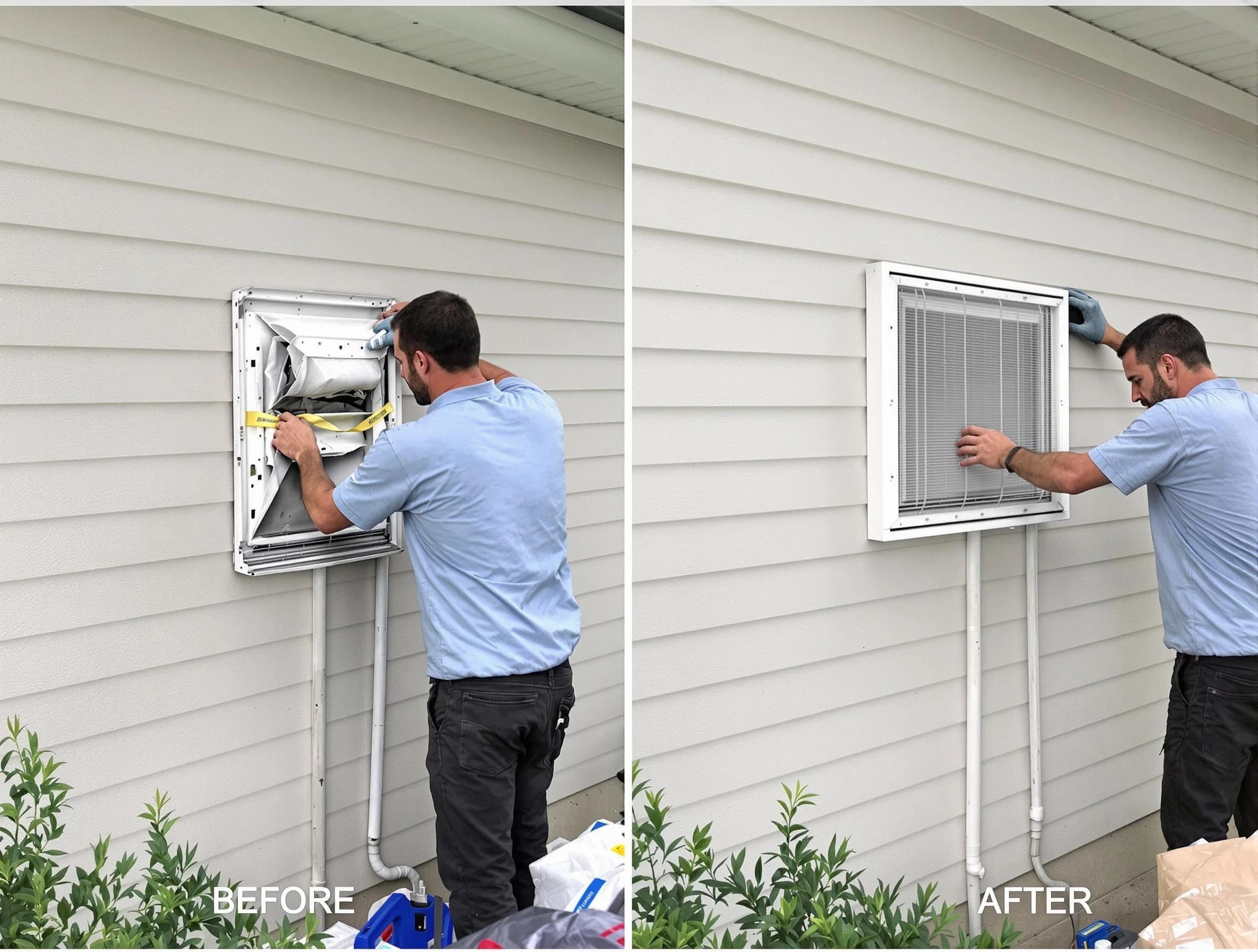 Syracuse Dryer Vent Cleaning technician installing high-quality dryer vent cover at a residential property in Syracuse