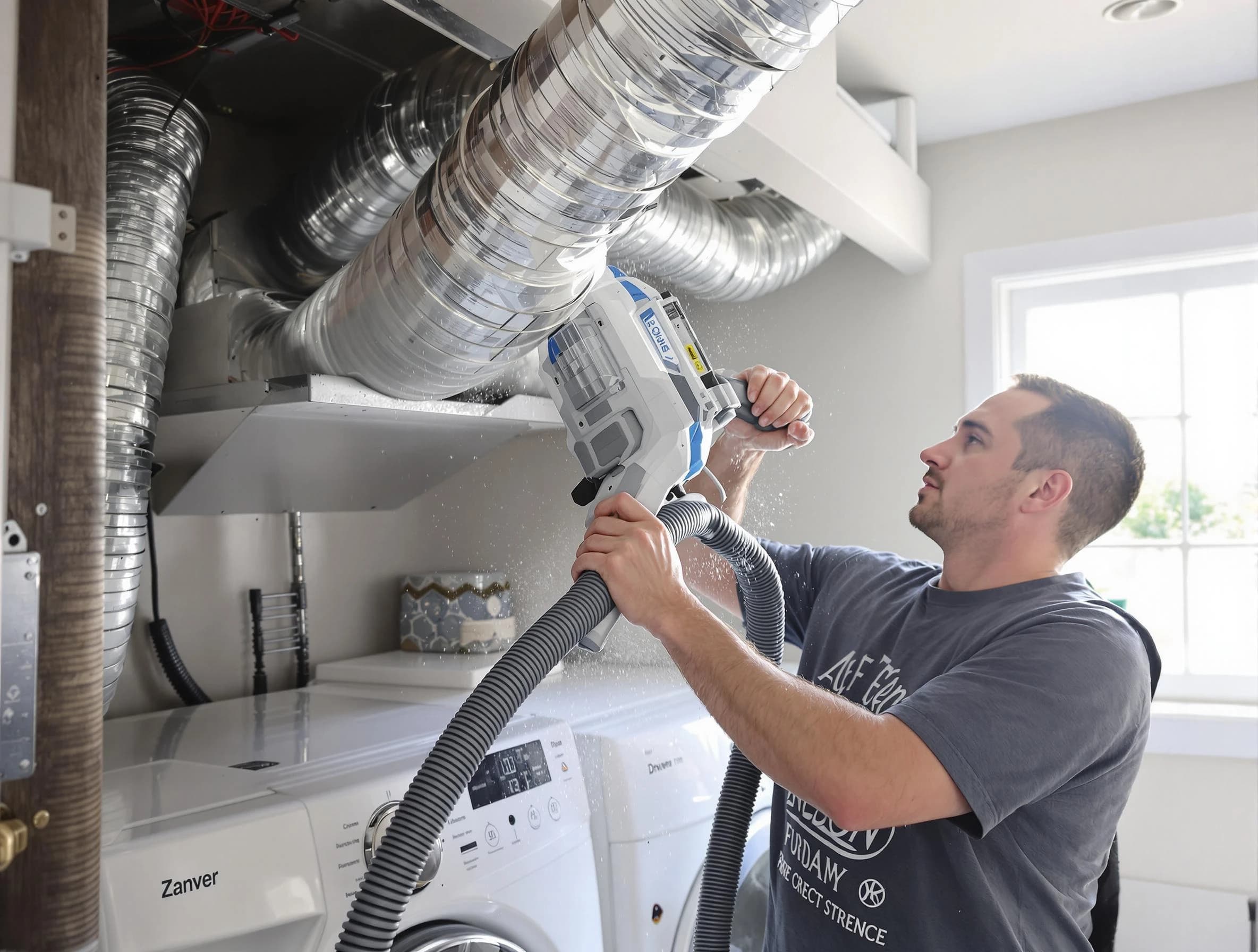 Syracuse Dryer Vent Cleaning specialist cleaning deep within a dryer vent duct system in Syracuse